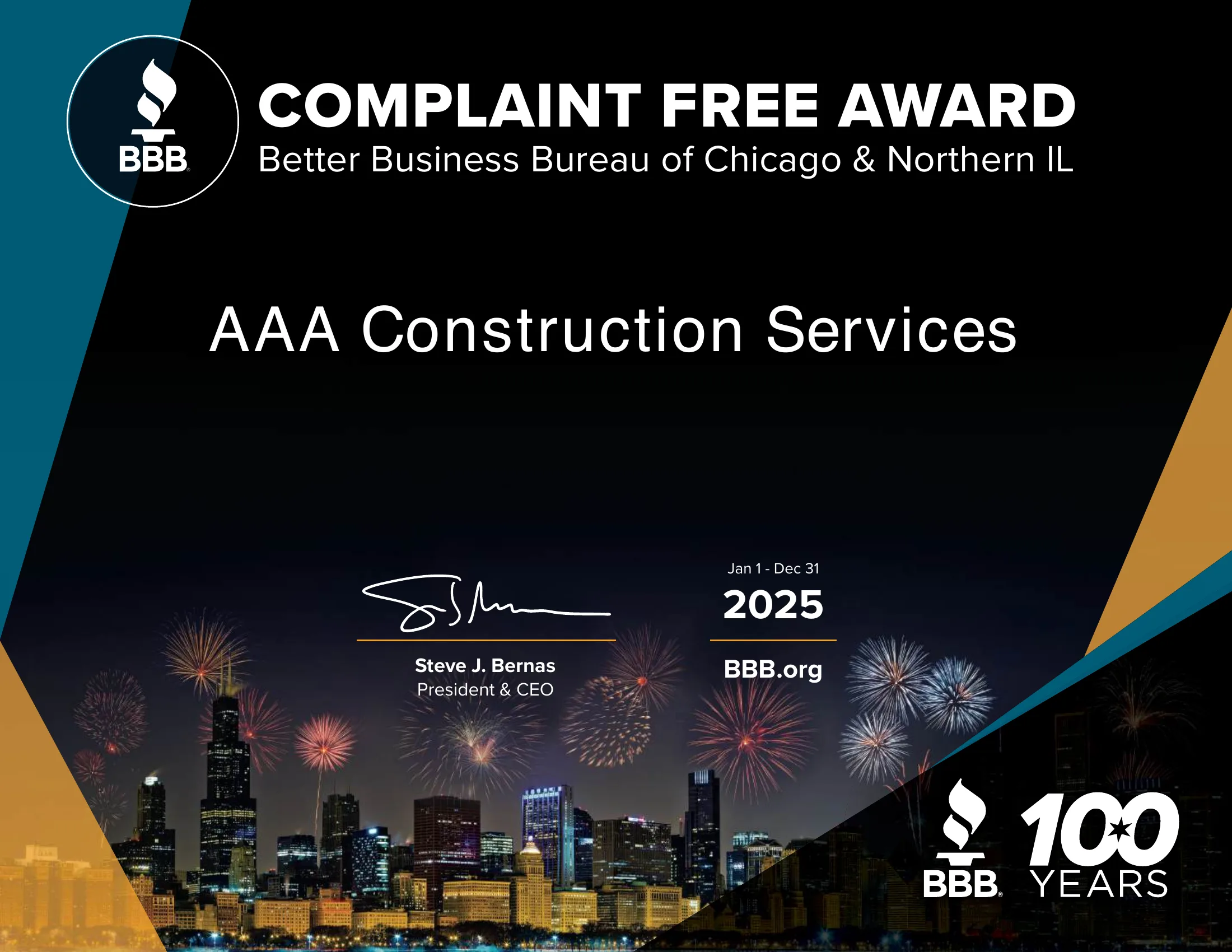 BBB Complaint Free Award 2025 certificate issued to AAA Construction Services by the Better Business Bureau of Chicago and Northern Illinois